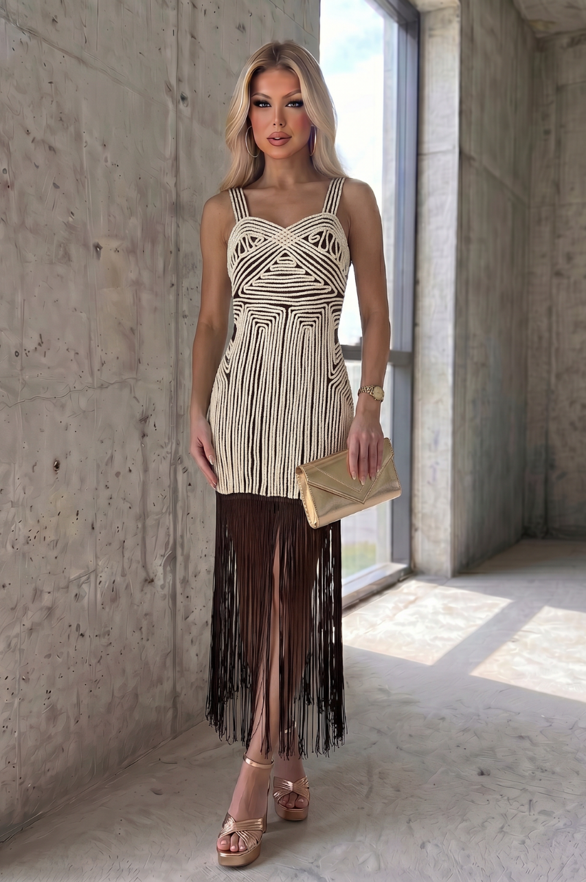 Vestido Aura de Flecos Color Marrón Oscuro