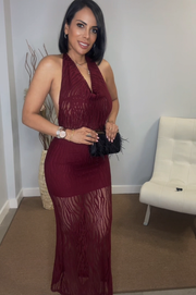 Vestido Olun de Encaje color Vino con espalda descubierta