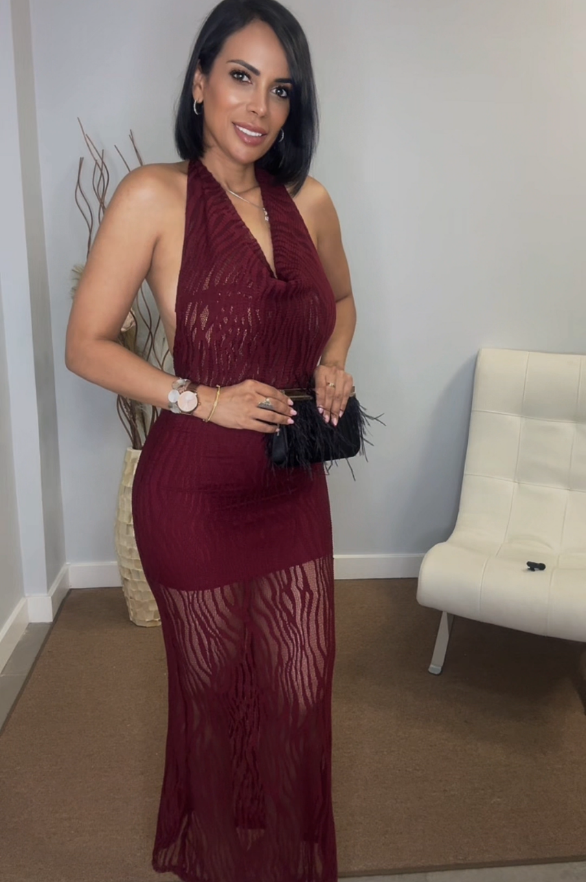 Vestido Olun de Encaje color Vino con espalda descubierta