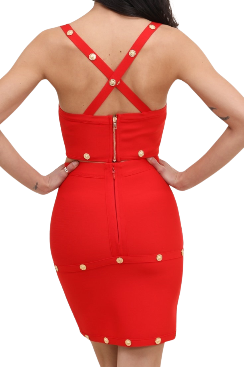 Conjunto  Bandage Vania Rojo Royal de Top y Falda con Adorno de Botones Dorado (Copia)