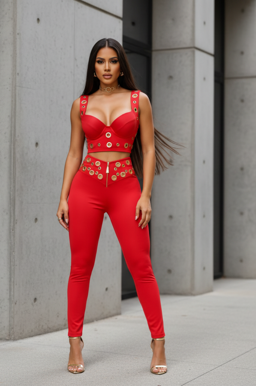 Zoe Conjunto Rojo de Top y Pantalón