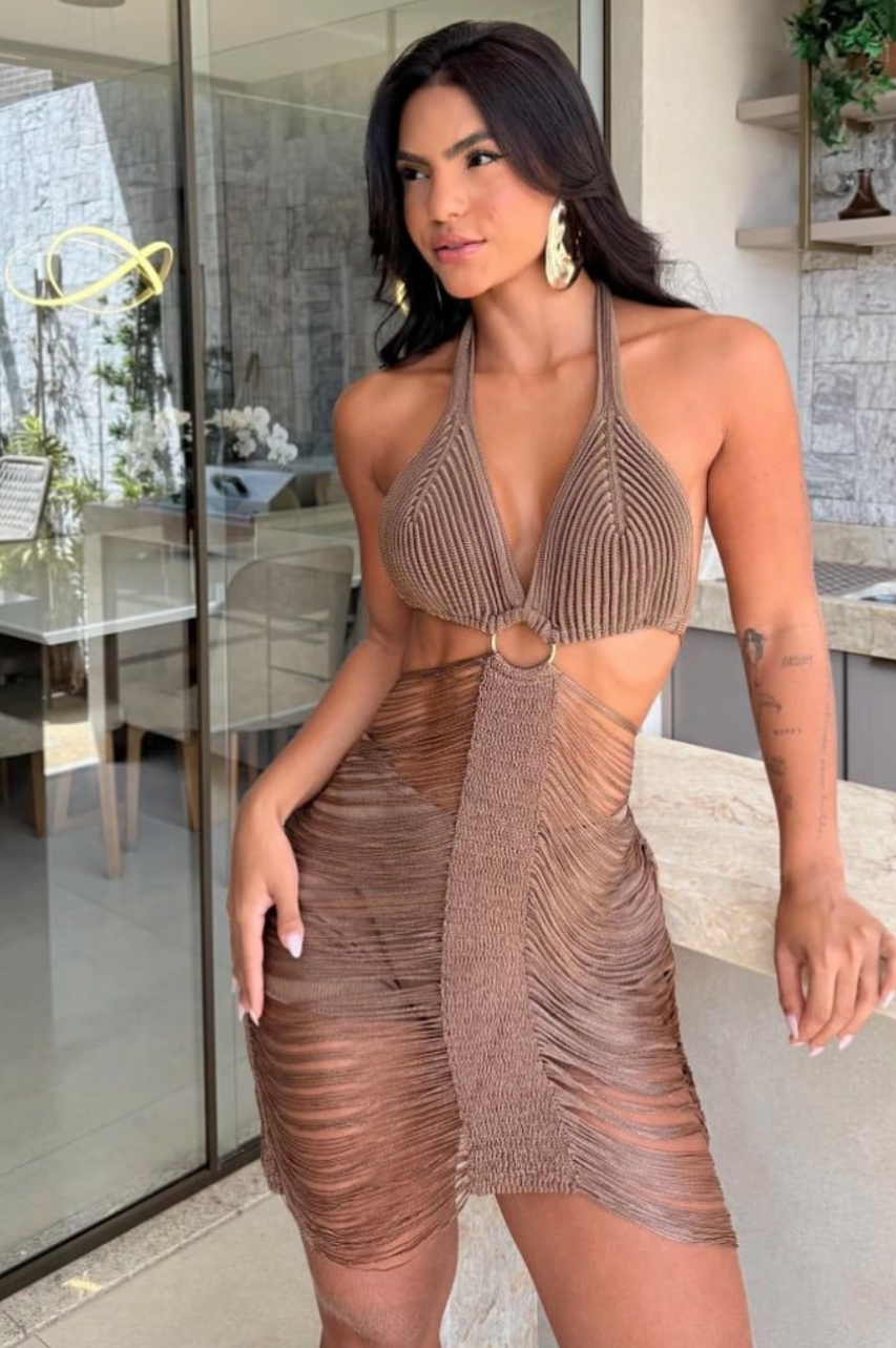 Vestido Dara  Hecho a Mano en Hilo Chocolate con Short Incorporado