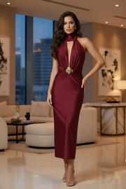 Vestido Esmeralda Vino Midi Elegante de Lycra Satinada Verde con Escote Profundo