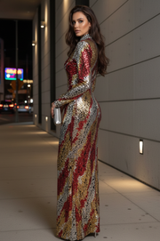 Vestido Mónica Largo de Lentejuelas Forrado Manga Larga