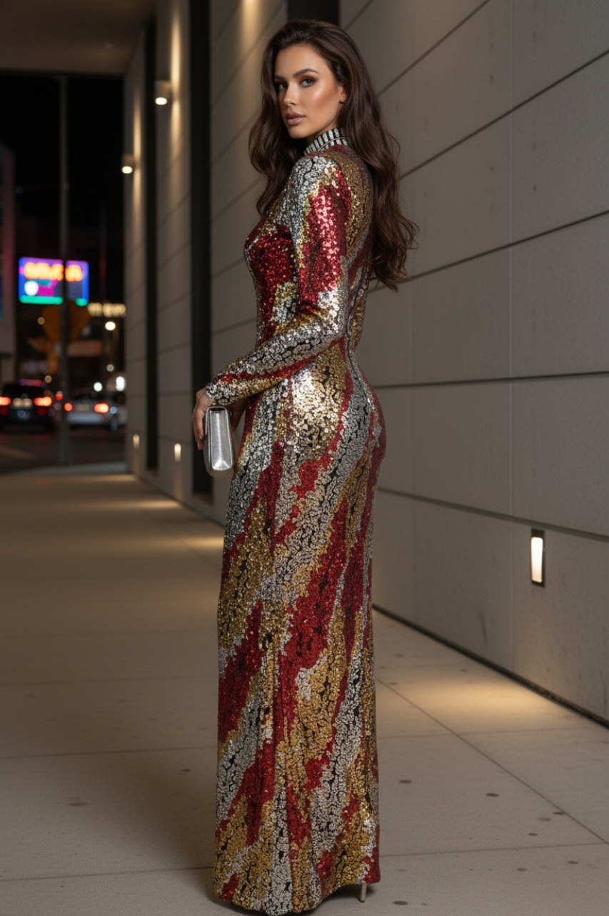 Vestido Mónica Largo de Lentejuelas Forrado Manga Larga