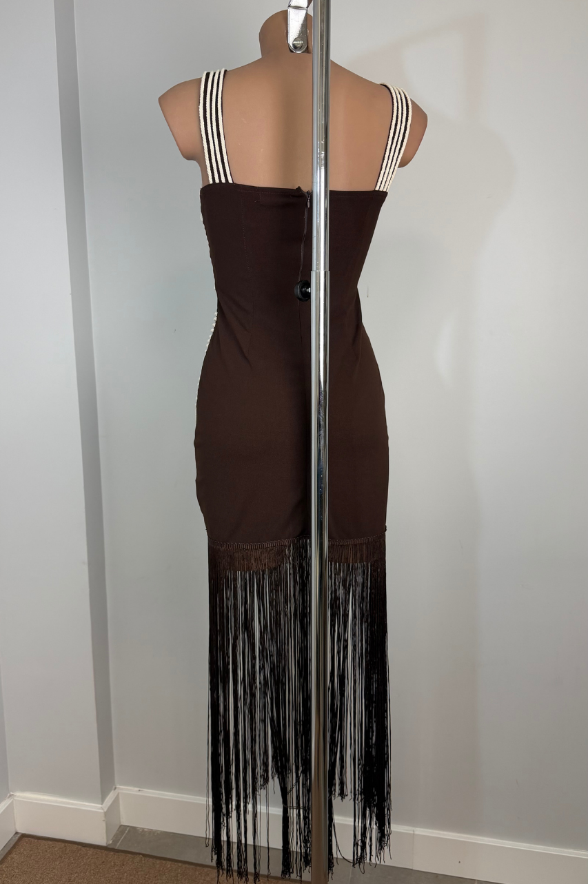 Vestido Aura de Flecos Color Marrón Oscuro