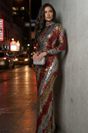 Vestido Mónica Largo de Lentejuelas Forrado Manga Larga