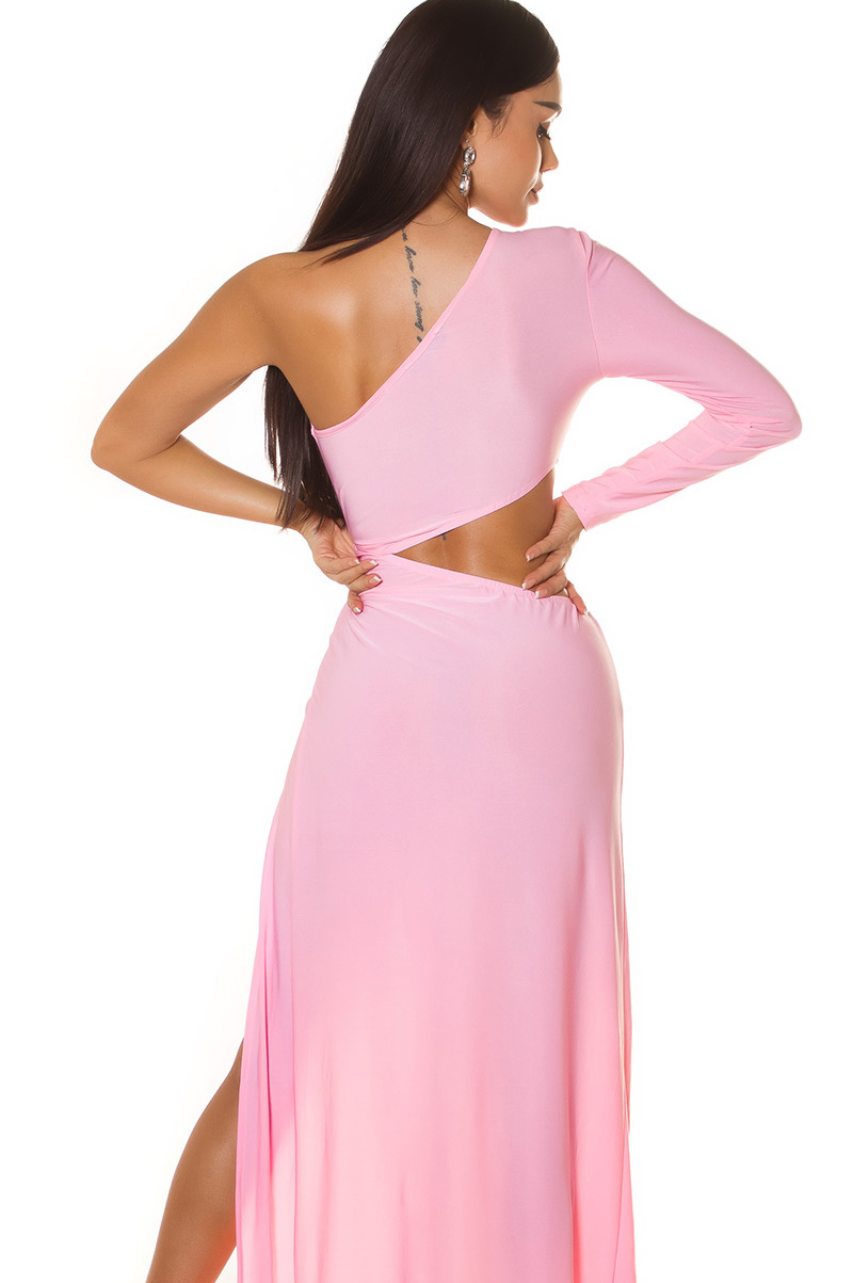 Vestido Isadora Hecho en Lycra Rosa con Manga Única y Fenda Profunda