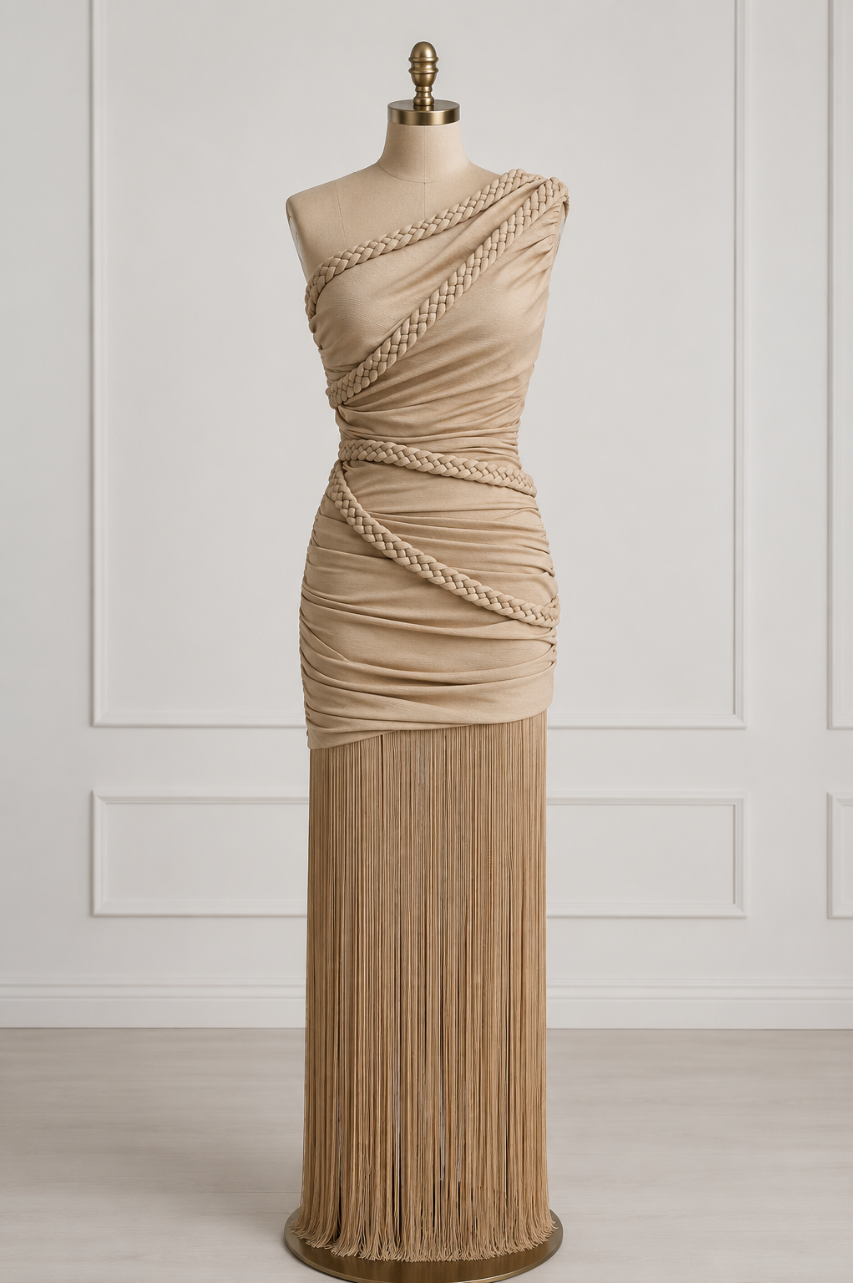 Vestido Lujo Lorena Asimétrico de Flecos