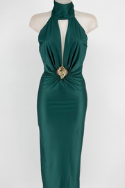 Vestido Esmeralda Verde Midi Elegante de Lycra Satinada Verde con Escote Profundo
