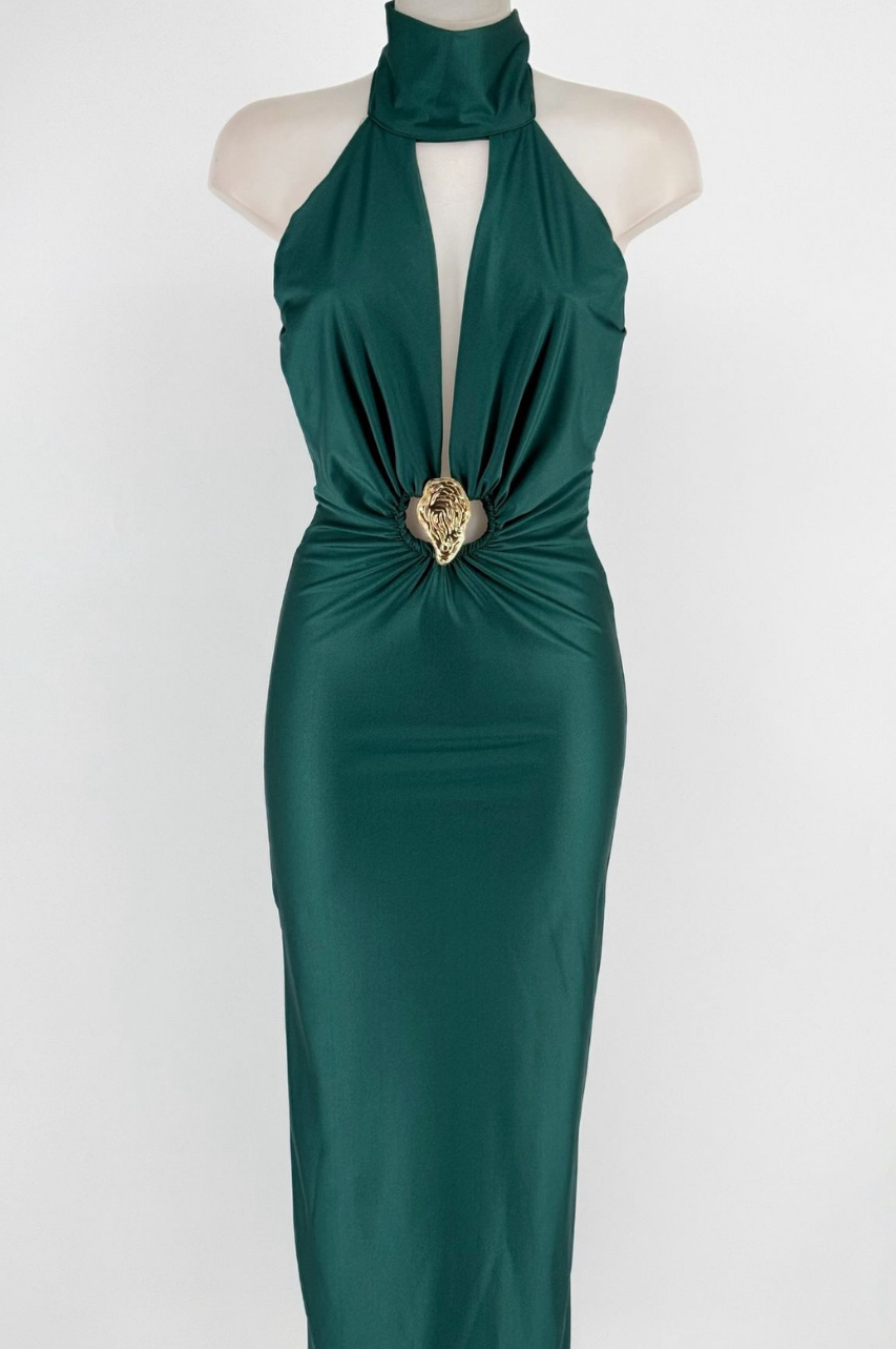 Vestido Esmeralda Verde Midi Elegante de Lycra Satinada Verde con Escote Profundo