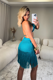 Vanessa Conjunto Color Azul de Top Triángulo con tejido de flor + Falda Artesanal con short