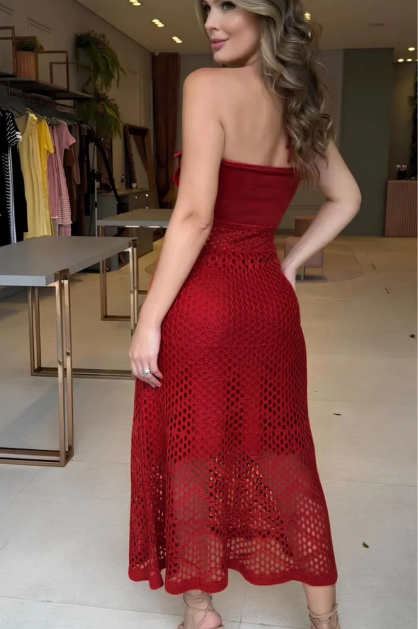 Vestido Flor Midi Granate con Transparencias y Detalle de Flor
