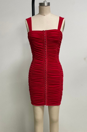 Belén Vestido Mini Rojo en Tul Fruncido con Ganchos Tipo Corset