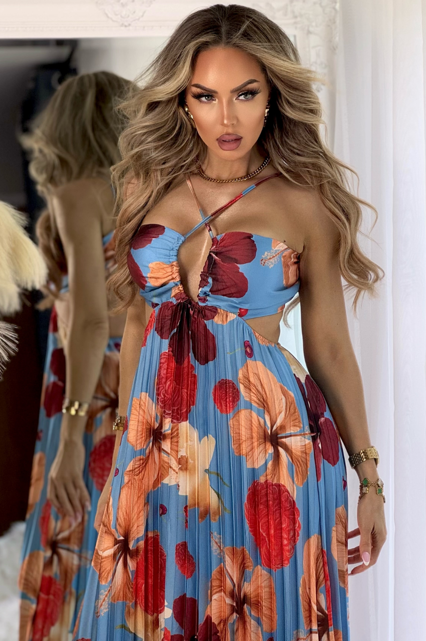Giada Vestido Largo Azul Tropical de Tela Plinsada con Espalda Descubierta