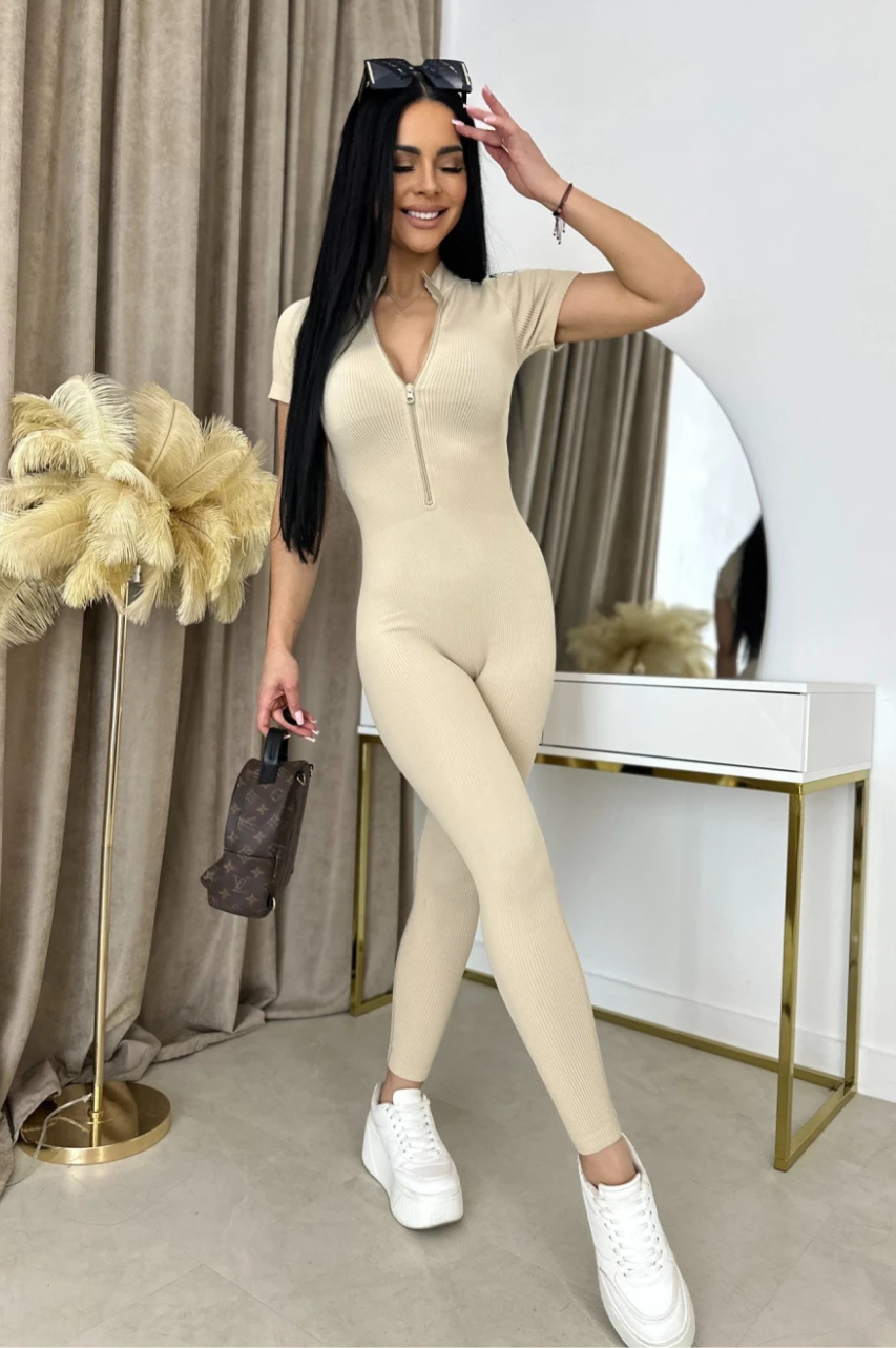 Mono Largo Bia Beige mangas cortas con Cremallera