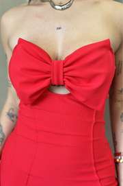 Eva Vestido Rojo corto de Palabra de Honor con detalle de lazo