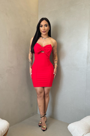 Eva Vestido Rojo corto de Palabra de Honor con detalle de lazo