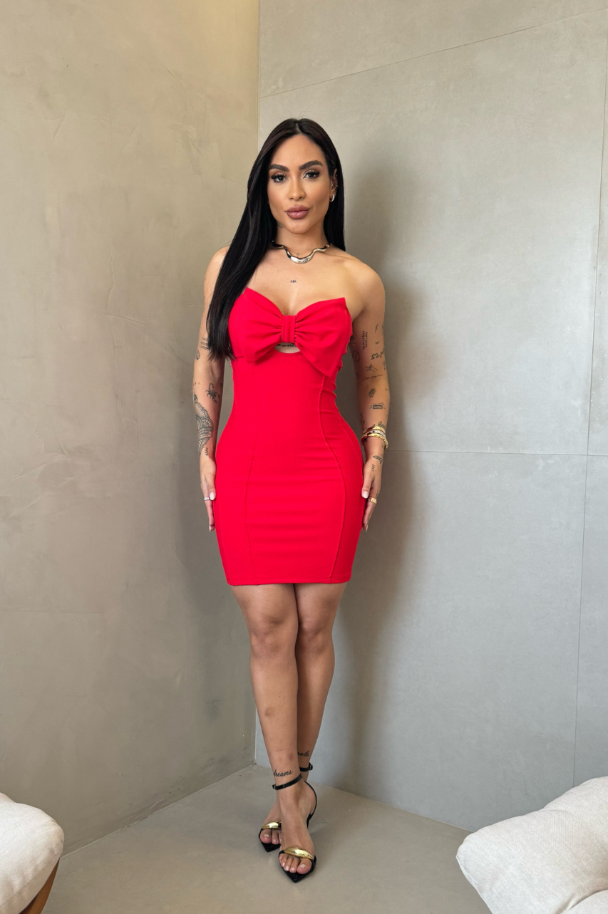Eva Vestido Rojo corto de Palabra de Honor con detalle de lazo