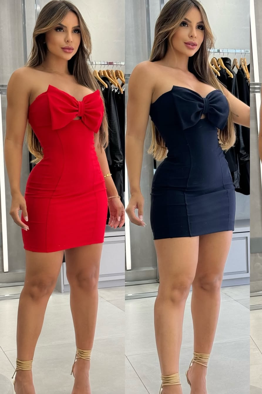 Eva Vestido Rojo corto de Palabra de Honor con detalle de lazo