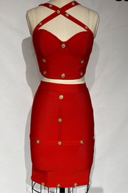 Conjunto  Bandage Vania Rojo Royal de Top y Falda con Adorno de Botones Dorado (Copia)