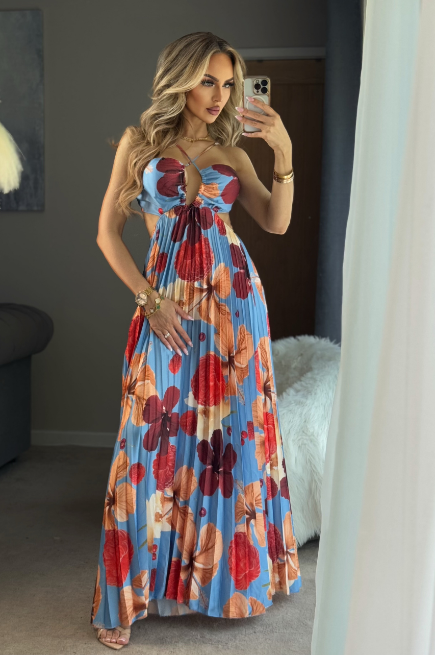 Giada Vestido Largo Azul Tropical de Tela Plinsada con Espalda Descubierta