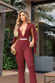 Viviana Mono Largo Vino con escote en V y mangas colgantes