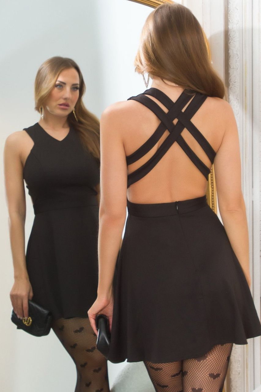 Vestido Rosalia Negro Corto con espalda cruzada semi descubierta