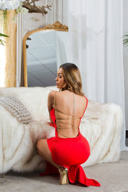 Paulina Vestido Largo Rojo con espalda descubierta, de una manga