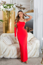 Paulina Vestido Largo Rojo con espalda descubierta, de una manga