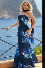 Vestido Ela largo de color Azul con estampado floral