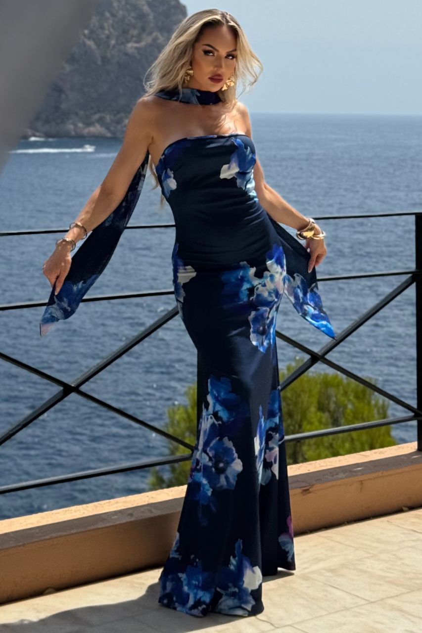 Vestido Ela largo de color Azul con estampado floral