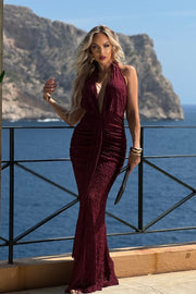 Vestido Fortuna largo de Encaje color Vino con espalda semidescubierta