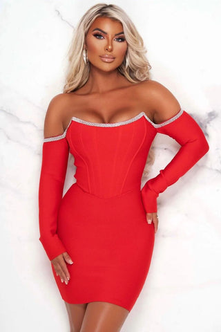 Image of Vestido Bandage Elisa rojo con mangas largas ko