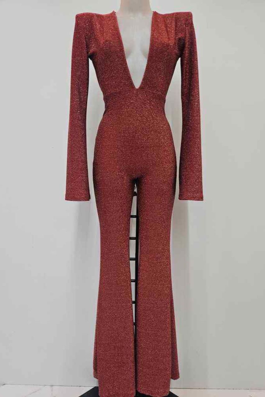 Zoe Mono Terracota acampanado con Escote V profundo