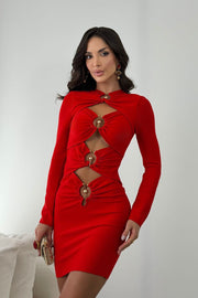 Vestido Bandage Altagracia rojo con mangas largas y escote