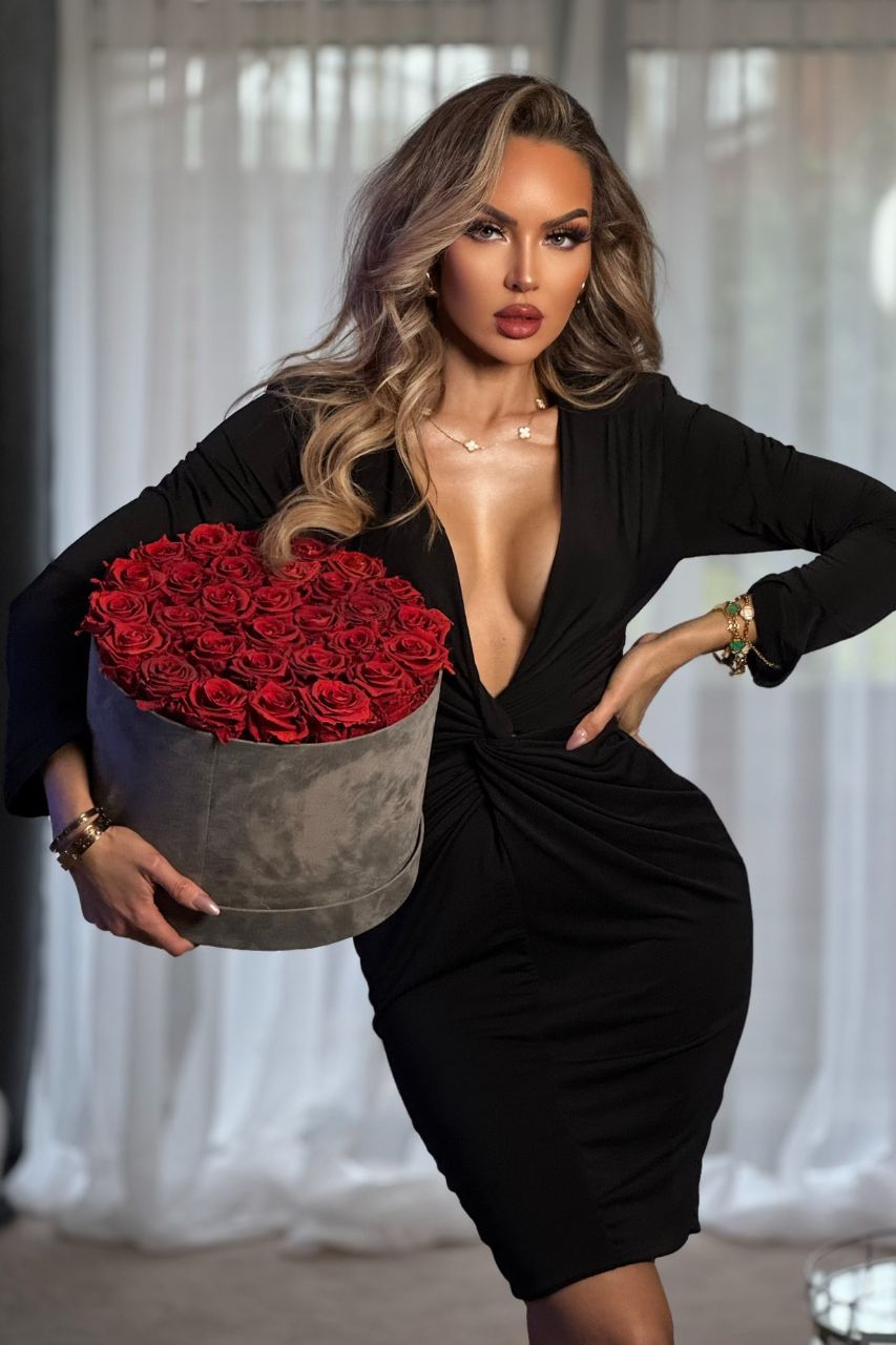 Dalia Vestido Negro con Mangas Largas, Escote en V profundo