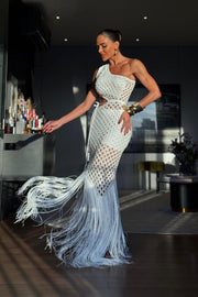 Isis Vestido Exclusivo en Hilo con Flecos y Pantalón Corto, Color Blanco