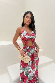Daniela Vestido Largo estampado floral rojo con Escote y espalda semi descubierta