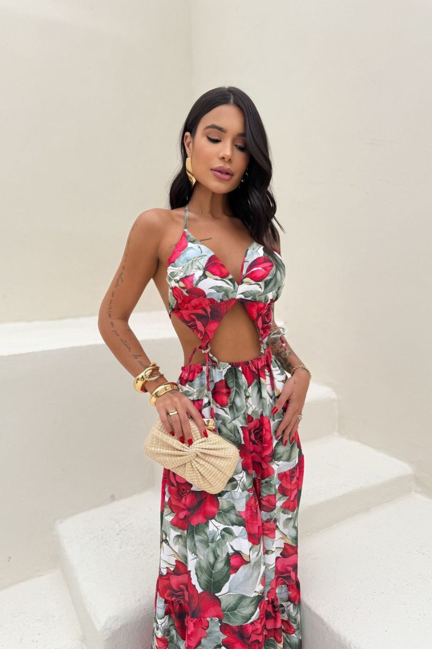Daniela Vestido Largo estampado floral rojo con Escote y espalda semi descubierta