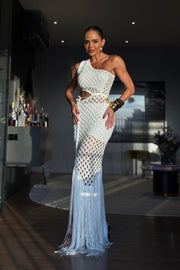 Isis Vestido Exclusivo en Hilo con Flecos y Pantalón Corto, Color Blanco