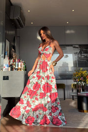 Daniela Vestido Largo estampado floral rojo con Escote y espalda semi descubierta