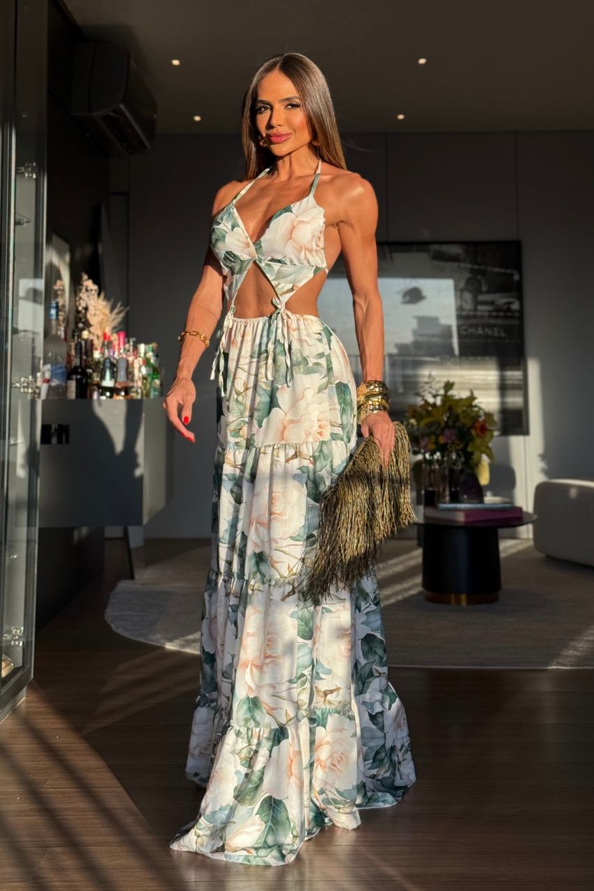 Chloe Vestido Largo estampado floral blanco con Escote y espalda semi descubierta