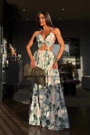 Chloe Vestido Largo estampado floral blanco con Escote y espalda semi descubierta