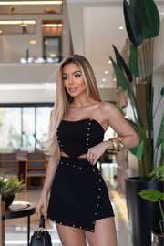 Ketty Conjunto negro de tachuelas doradas de Top + Falda pantalón