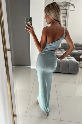 Image of Vestido Mérida Azul largo con escote y abertura en pierna