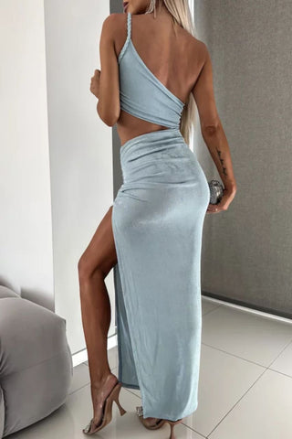 Image of Vestido Mérida Azul largo con escote y abertura en pierna