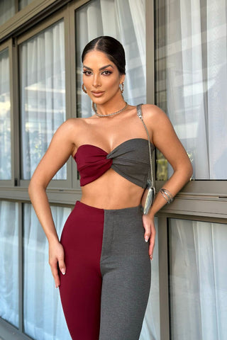 Image of Conjunto Lara Bicolor Gris y Vino de top y pantalón