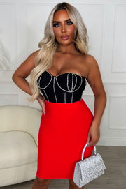 Lara Vestido Bandage Rojo y Negro palabra de honor con detalle en strass