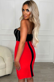 Lara Vestido Bandage Rojo y Negro palabra de honor con detalle en strass